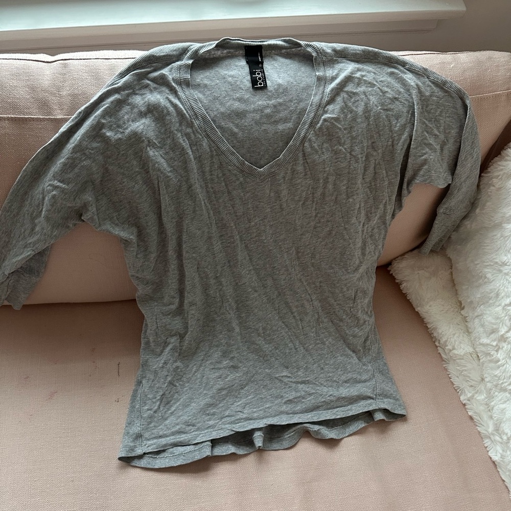 Bobi Los Angeles Heather Gray V-Neck 3/4 Length Sleeve Top